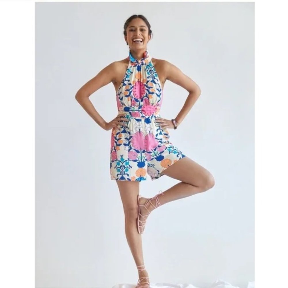 Anthropologie Multicolor Floral Halter Romper - Pink, Blue, Yellow